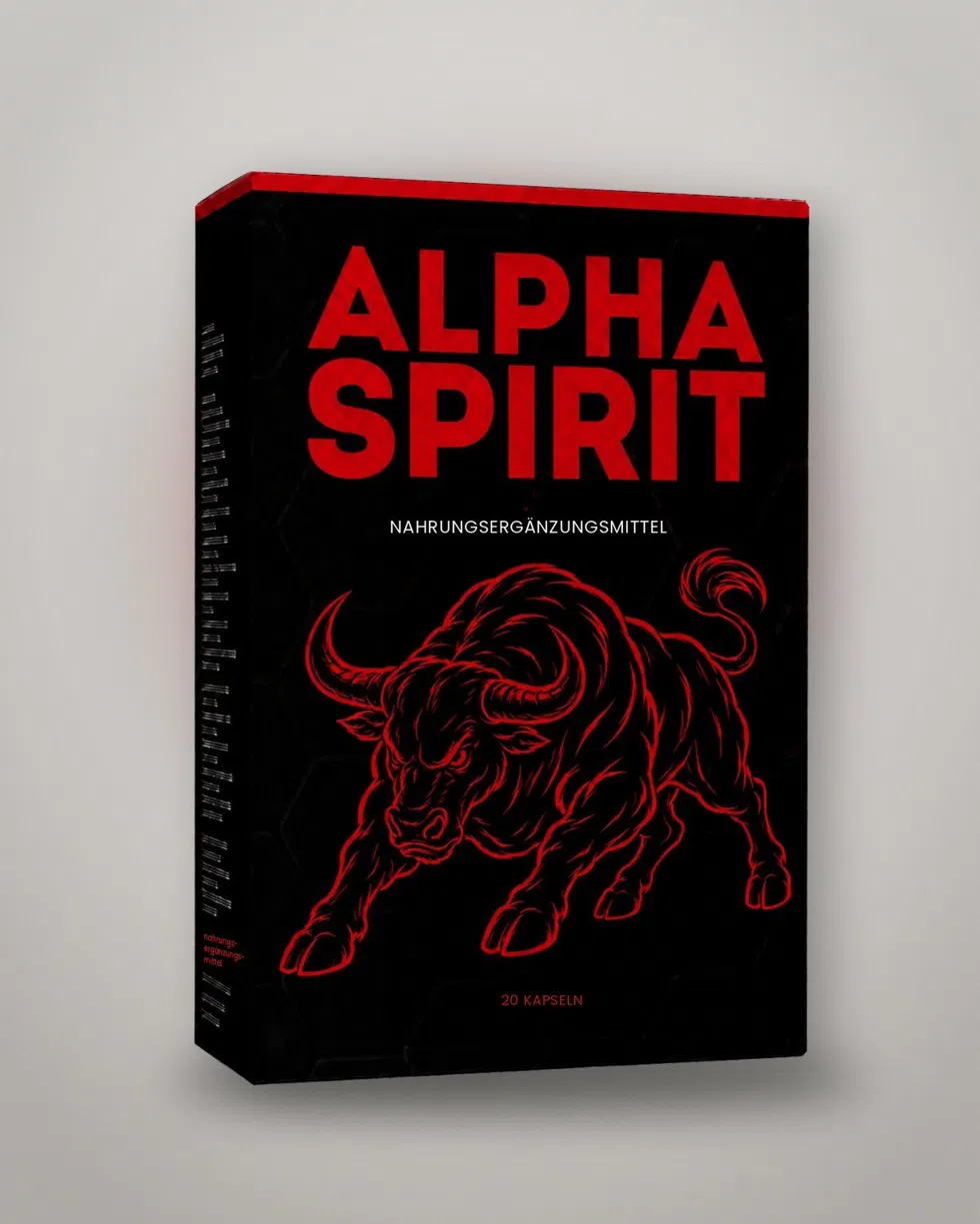 Schwarze Alpha-Spirit-Faltschachtel mit rotem Schriftzug und Stiermotiv auf hellem Studiohintergrund