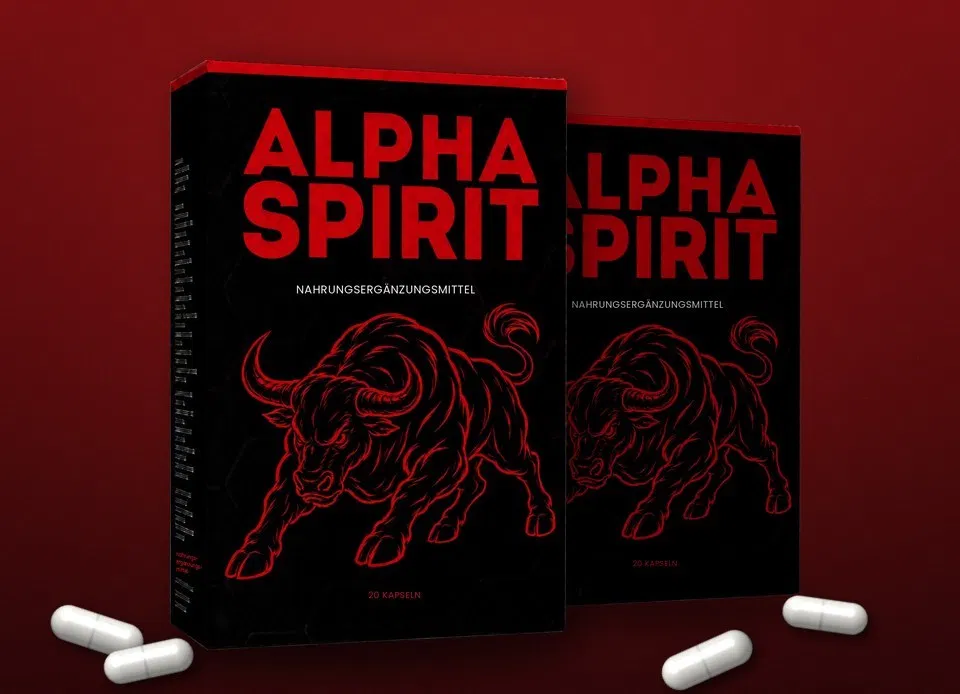 Zwei schwarze Alpha-Spirit-Faltschachteln mit rotem Schriftzug und Stiermotiv, davor einzelne Kapseln, dunkelroter Hintergrund