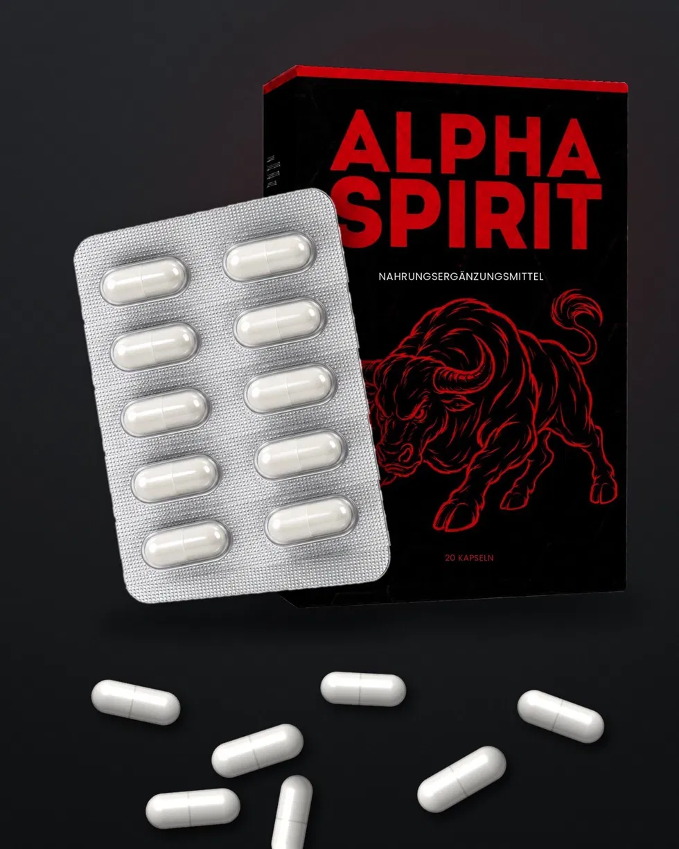 Alpha-Spirit-Packung, ein Blister mit zehn weißen Kapseln und einzelne Kapseln auf dunklem Untergrund