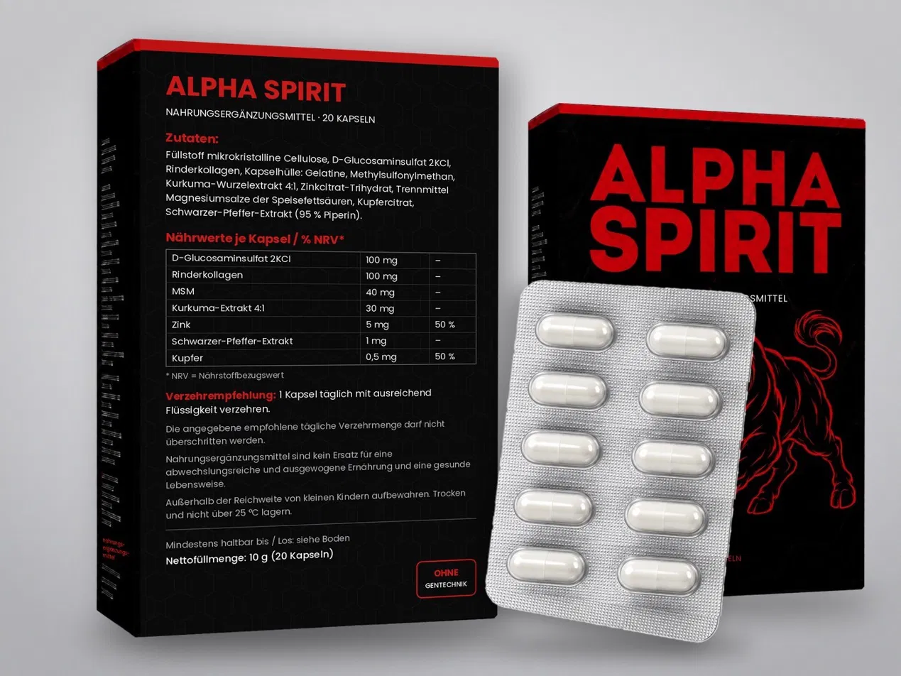 Rückseite der Alpha-Spirit-Packung mit Zutatenliste und Nährwerttabelle, daneben die Vorderseite und ein Blister mit Kapseln